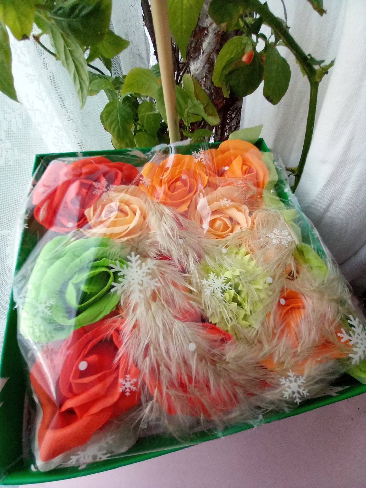 PEACH ON GREEN ORANGE FLOWER SOAP IN GREEN DISPLAY BOX