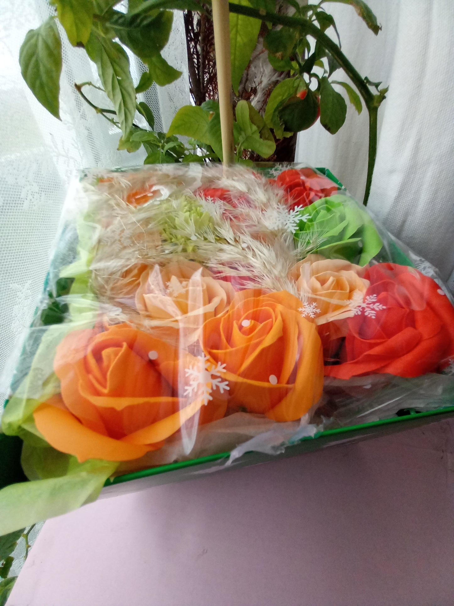 PEACH ON GREEN ORANGE FLOWER SOAP IN GREEN DISPLAY BOX