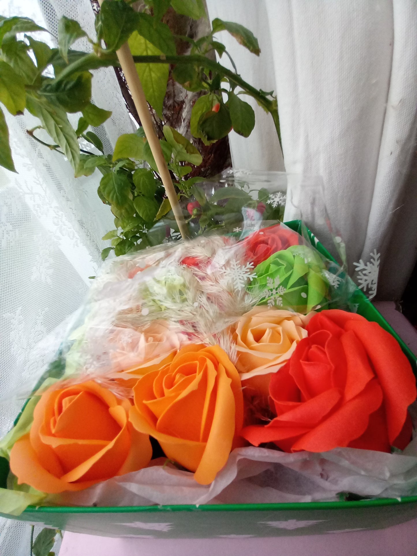 PEACH ON GREEN ORANGE FLOWER SOAP IN GREEN DISPLAY BOX