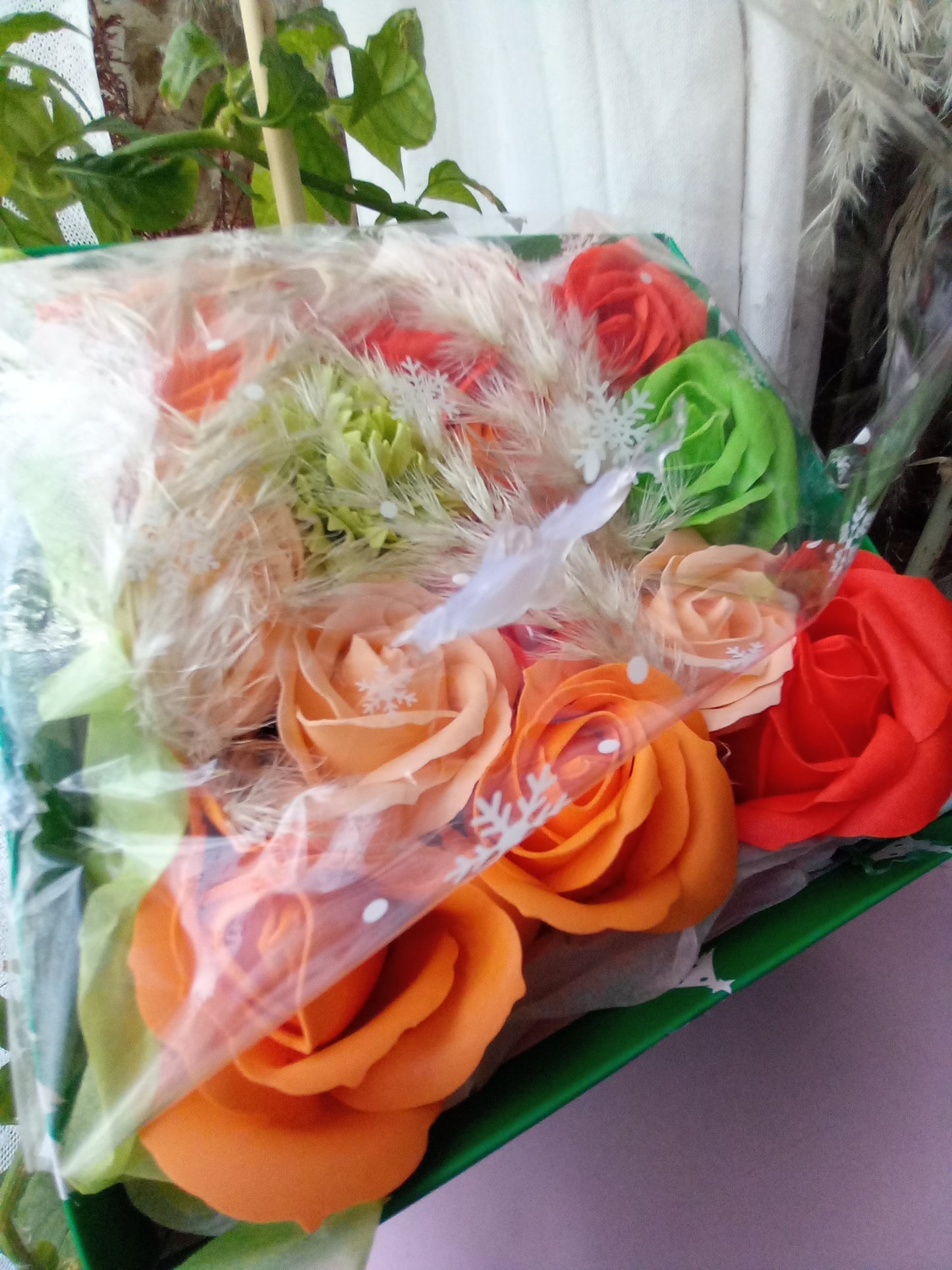 PEACH ON GREEN ORANGE FLOWER SOAP IN GREEN DISPLAY BOX