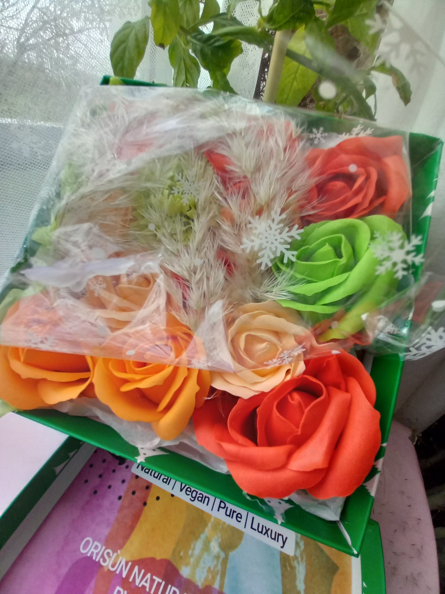 PEACH ON GREEN ORANGE FLOWER SOAP IN GREEN DISPLAY BOX
