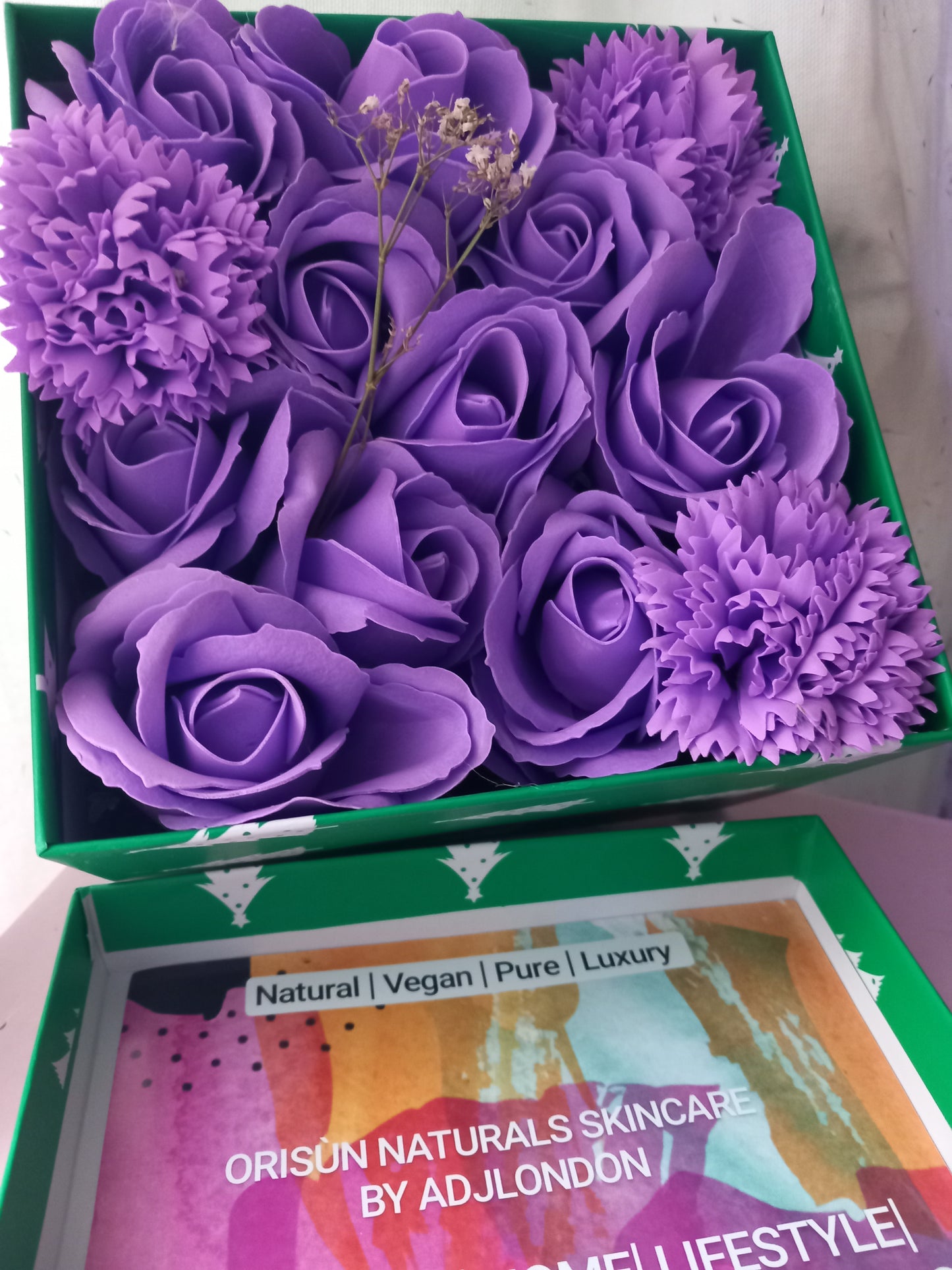 PURPLE VIVID FLOWER SOAP IN GREEN DISPLAY BOX