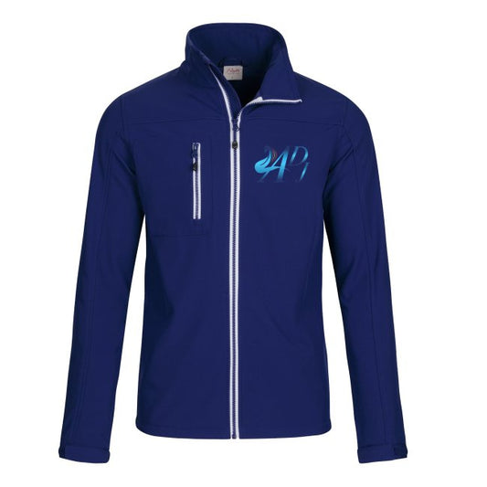 MEN’S SOFTSHELL JACKET WITH BLUE MOTIF ON WHITE BACKGROUND