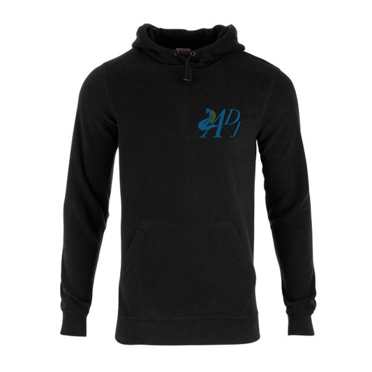BLACK KANGAROO POCKET MEN’S HOODIE WITH BLUE DESIGNER MOTIF
